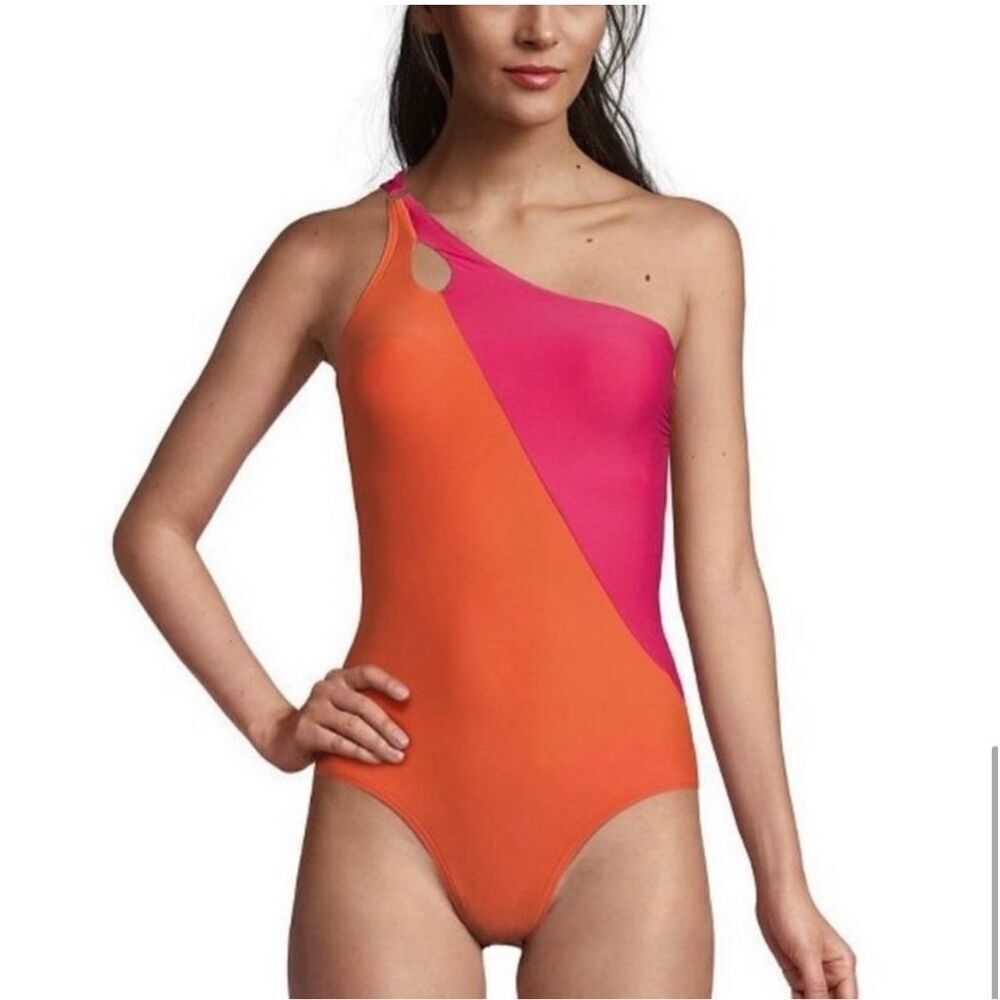 Lands' End Women's One Shoulder Swim One Piece - Pink and Orange
